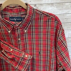 Vintage Polo Ralph Lauren Mens XL Shirt Classic Fit Red Tartan Plaid Button Down